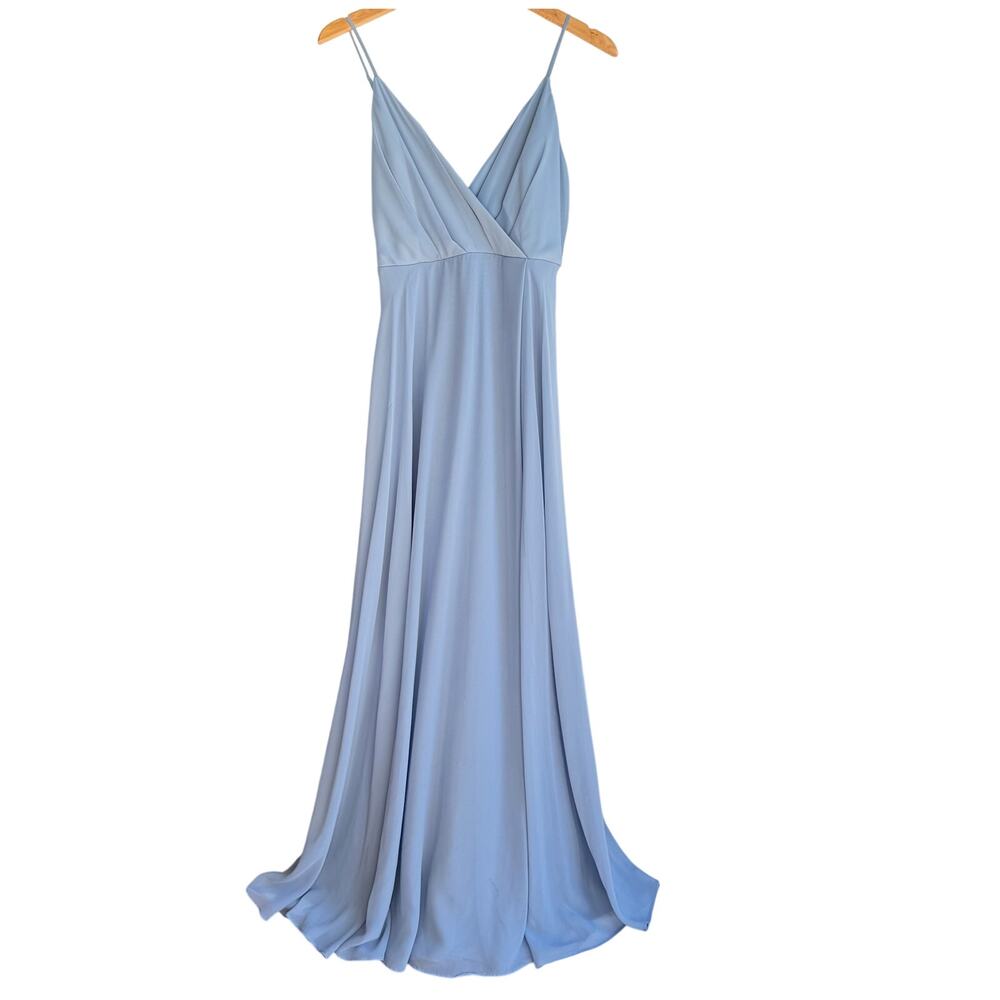 Birdy Grey Blue Chiffon Maxi Gown Bridesmaid Prom Dress Pockets Size Small